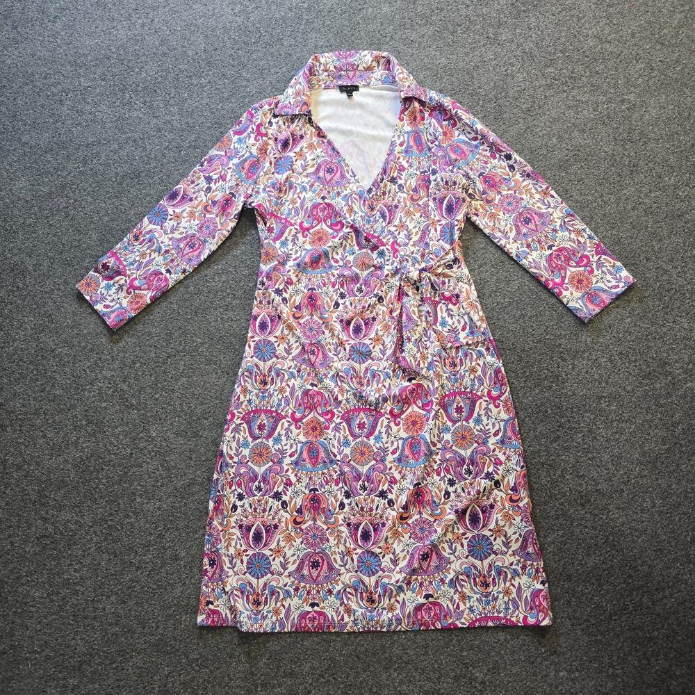 Talbots Dress Womens Size Medium Pink Paisley Tie Waist Fitted Stretchy Career